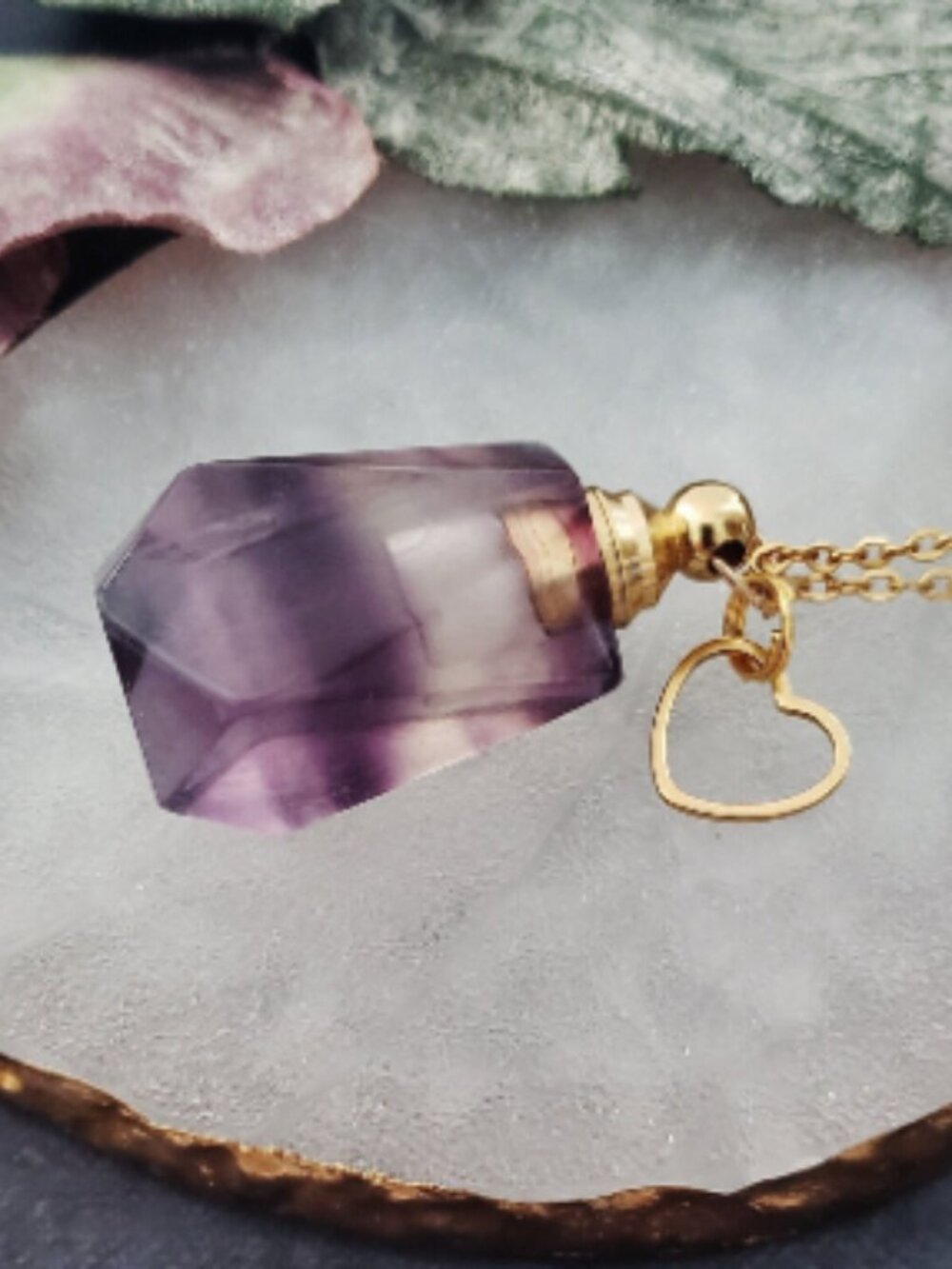 Rainbow Fluorite Crystal Perfume Bottle Pendant Necklace Gold Chain Heart